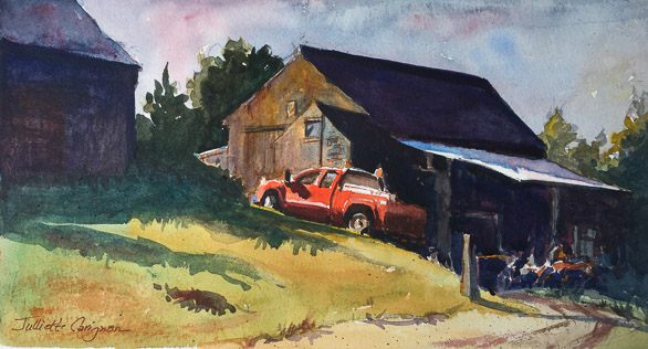Maine Barns and Red Truck, 5-3/4 x 10-1/2. 